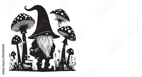 Gnome with a Pointed Hat Surrounded by Mushrooms black