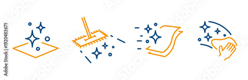 Cleaning icons, set icon of clean surface, wet cleaning, hand wiping, cloth for easy polish, mop with shiny floor, line vector with editable stroke