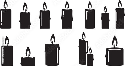 Black candles with flames on white background illustration set