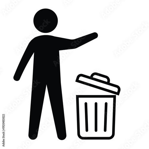 Black silhouette icon showing a person disposing of waste in a trash can with an open lid. Professional graphic for sanitation and housekeeping.