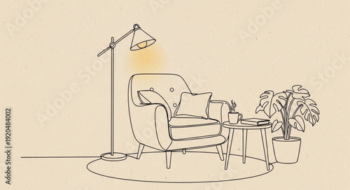 Cozy armchair with floor lamp and plant illustration.