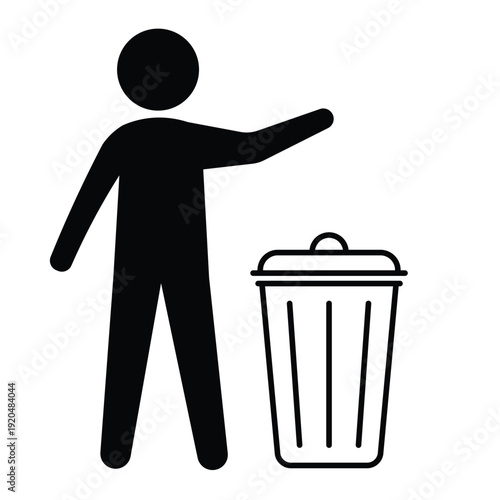 Black silhouette icon showing a person disposing of waste in a trash can with an open lid. Professional graphic for sanitation and housekeeping.