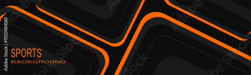 Black abstract wide horizontal banner with orange and gray lines, arrows and angles. Dark modern sporty bright futuristic horizontal abstract background.