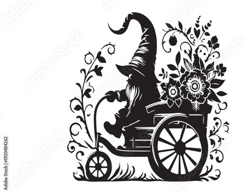 Old Man with Long Beard and Hat Riding a Cart with Floral Decorations