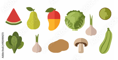 Decorative fruits and vegetables flat vector set isolated on white background
