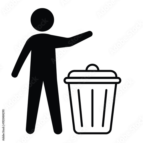 Black silhouette icon showing a person disposing of waste in a trash can with an open lid. Professional graphic for sanitation and housekeeping.