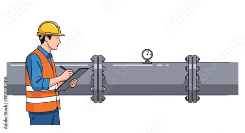 A construction worker inspects a large gray pipe with a clipboard depicted in a flat bold silhouette high quality professional detailed