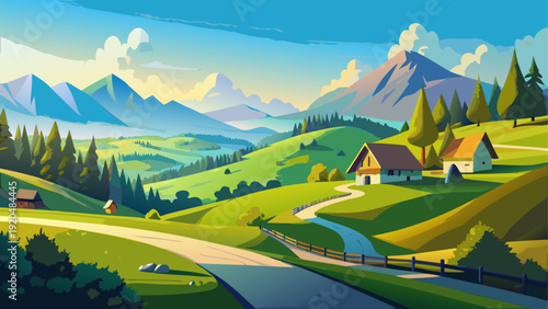 A picturesque landscape of a village nestled in a lush green valley with majestic mountains in the background