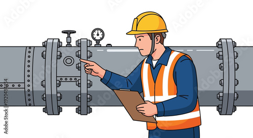 An industrial worker inspects a large pipeline system with gauges wearing safety gear a bold silhouette high quality professional detailed modern elegant