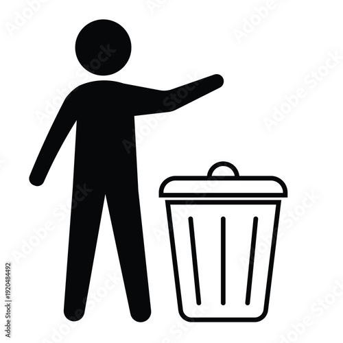 Black silhouette icon showing a person disposing of waste in a trash can with an open lid. Professional graphic for sanitation and housekeeping.