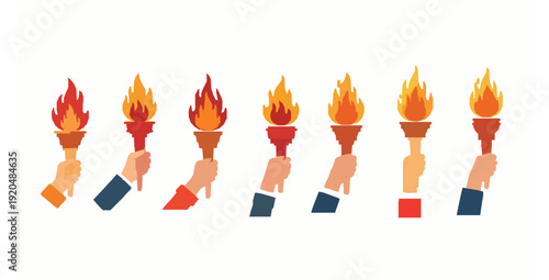Ceremonial torch with flame in raised hands flat vector set isolated on white