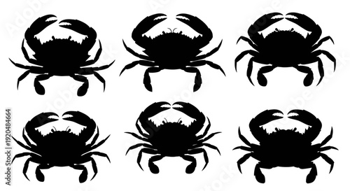 Collection of crab silhouettes in various poses on a clean white background, Whisk-inspired illustration