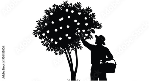 A farmer reaches for apples in a full tree depicted in a striking black silhouette high quality professional detailed modern elegant