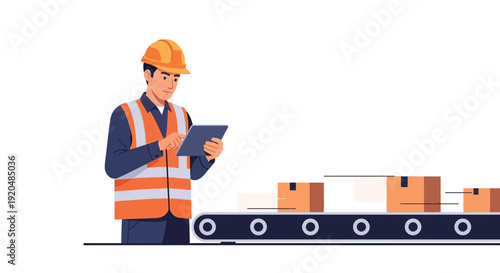 A worker in safety gear utilizes a digital tablet while overseeing parcels on a conveyor belt silhouette high quality professional detailed
