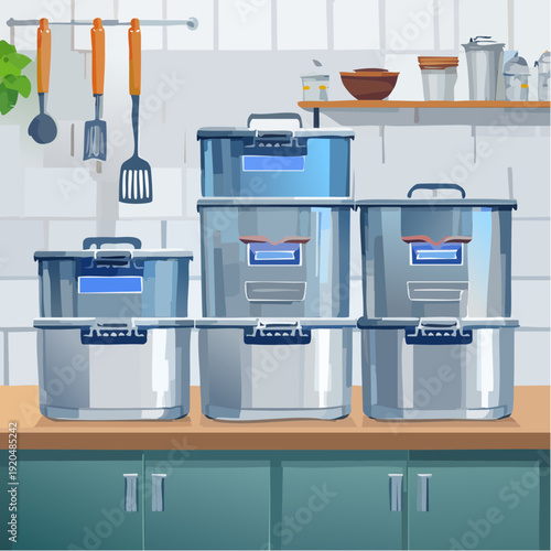 Set of metallic food storage containers for kitchen organization and preservation