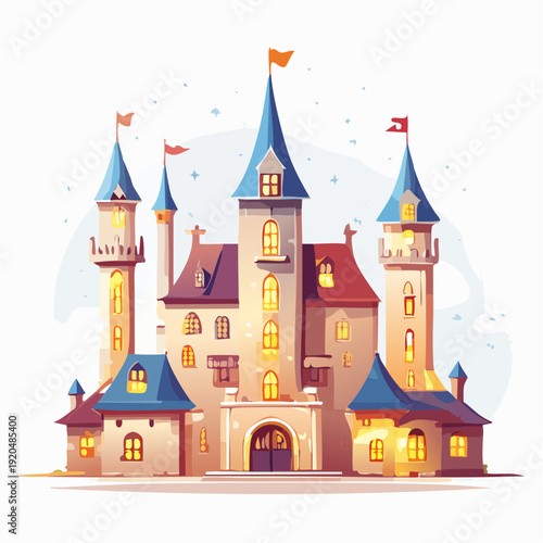 Magical storybook castle with tall spires and warm glowing lights isolated on a white background