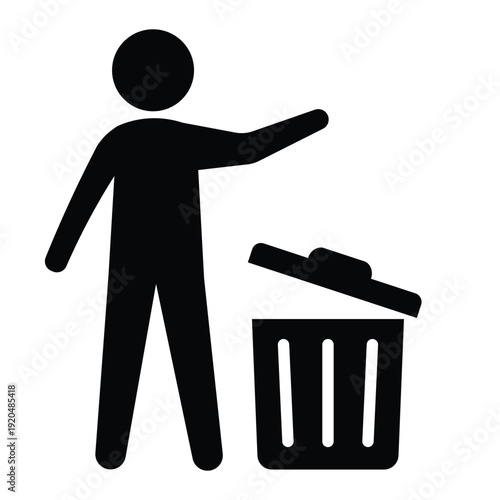Black silhouette icon showing a person disposing of waste in a trash can with an open lid. Professional graphic for sanitation and housekeeping.