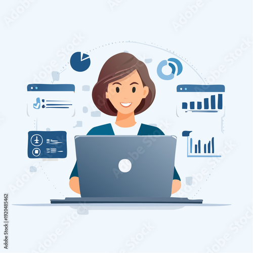 Businesswoman working on a laptop with charts and graphs surrounding her, symbolizing data analysis and success