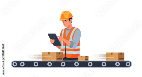 Construction worker inspecting packages on a conveyor belt utilizing a digital tablet flat vector illustration silhouette high quality professional detailed modern
