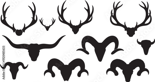 Collection of diverse black silhouette animal heads featuring antlers, horns, and ram designs