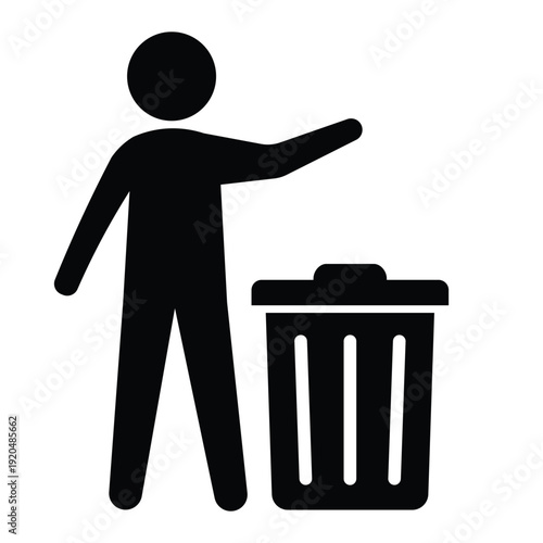 Black silhouette icon showing a person disposing of waste in a trash can with an open lid. Professional graphic for sanitation and housekeeping.
