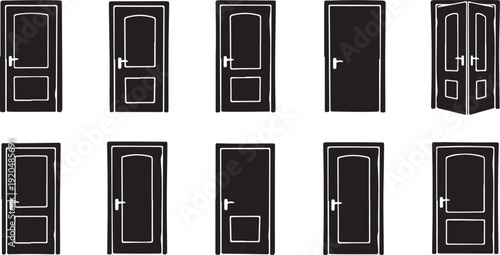 Various black doors with white outlines and details shown
