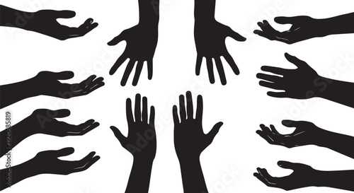 Many black hands reaching up in the air together