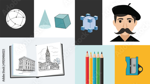 Artistic collage featuring geometric shapes, artist portrait, sketchbook with architectural drawings, and various art supplies like colored pencils.