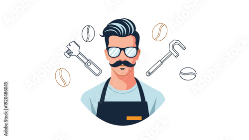 Portrait of a professional male barista with a beard and glasses surrounded by floating coffee beans and various coffee making tools.