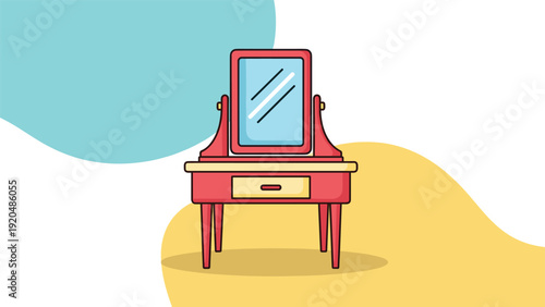 Vintage red wooden dressing table with a mirror and a single drawer set against a background with abstract blue and yellow shapes.