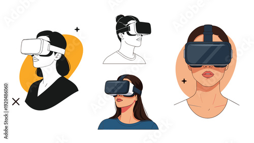 Selection of illustrations showing women in various poses wearing virtual reality headsets exploring immersive digital environments.