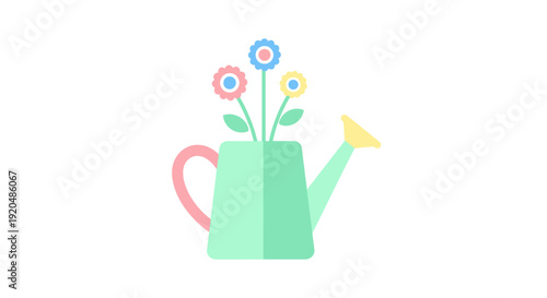 Colorful Flowers in Green Watering Can.
