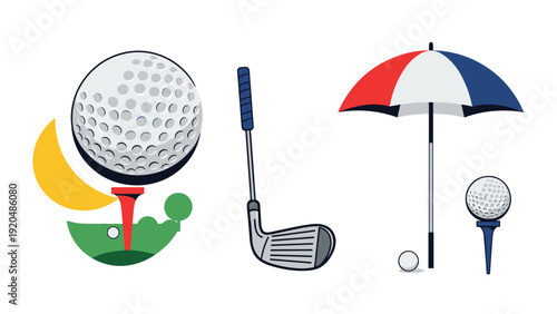 Professional golf equipment set featuring a golf ball on a red tee, a single golf club, and a large colorful umbrella with a ball.
