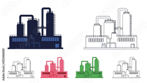 Industrial landscape showing different versions of a large chemical plant or oil refinery with storage tanks and tall pipes.