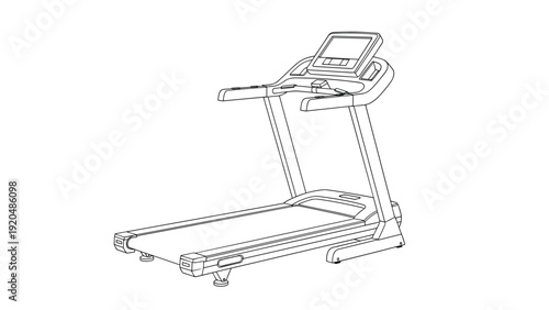 Detailed line art drawing of a modern electric treadmill fitness machine used for indoor walking and running exercises.