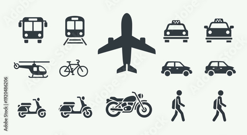 Transportation Icons Set: Car, Plane, Bus, Train, Bike