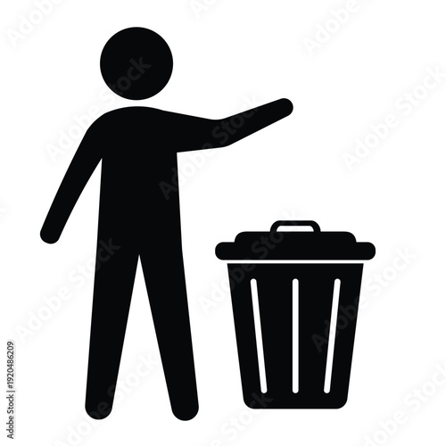 Black silhouette icon showing a person disposing of waste in a trash can with an open lid. Professional graphic for sanitation and housekeeping.