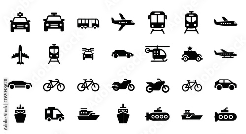 Transportation Icons Set: Car, Plane, Ship, Bike, Train
