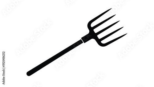 Solid black silhouette of a four tined garden pitchfork with a long handle used for farming, gardening, or hay work.