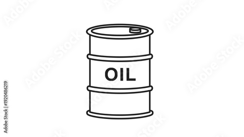 Black and white line art illustration of a standard industrial oil drum barrel on a plain white background for energy concepts.