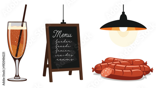 Assortment of cafe and restaurant items including a glass of beer, a handwritten menu board, a hanging lamp, and sausages.