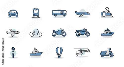 Transportation Icons Set: Car, Train, Bus, Plane, Ship
