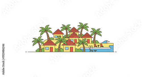 Colorful Tropical Houses with Palm Trees.