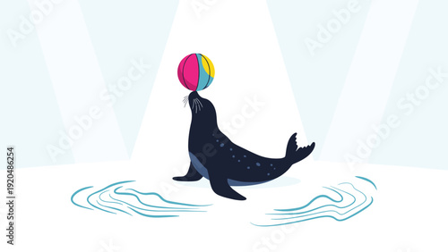 Playful sea lion or seal balancing a colorful beach ball on its nose while standing on a small island of ice in water.