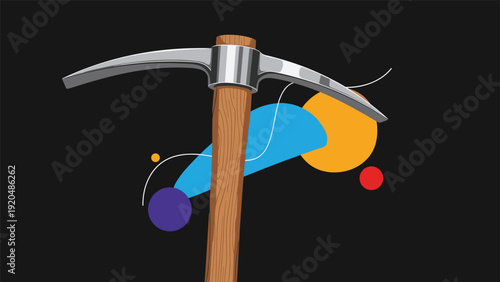 Industrial pickaxe tool with a wooden handle and metal head displayed over colorful abstract shapes on a dark background.