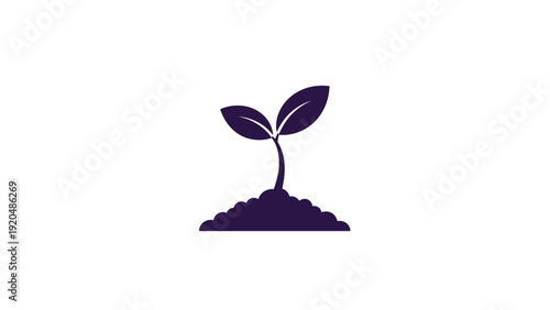 Dark purple silhouette of a young plant sprout with two leaves growing out of a small pile of fertile soil on a white background.
