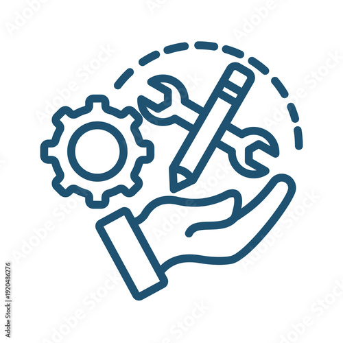 A hand holding a gear pencil and wrench in a circular boundary