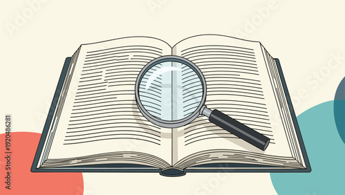 Open book being examined with a large magnifying glass to represent research, learning, investigation, and academic study.