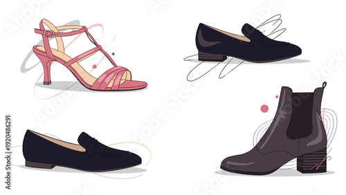 Collection of different women shoes including pink high heel sandals, black loafers, and dark purple ankle boots for fashion concepts.