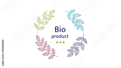 Circular logo with leaves in different colors featuring the text Bio product and three small stars in the center for organic branding.